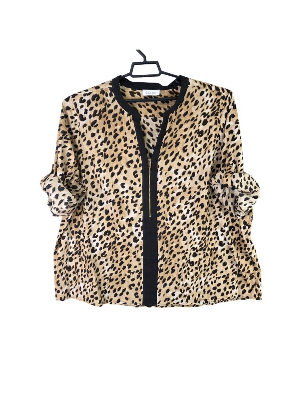Womens Calvin Klein Leopard Print Zip-Front Blouse Roll-Tab Sleeves Polyester M